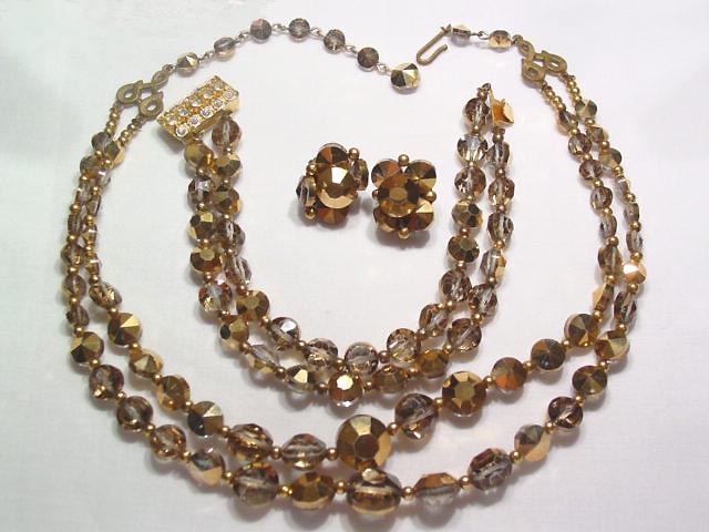 Goldtone/Smokey Topaz Aurora Borealis Necklace, Bracelet and Earrings Set