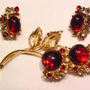 Large Red Floral Pin and Earrings Set