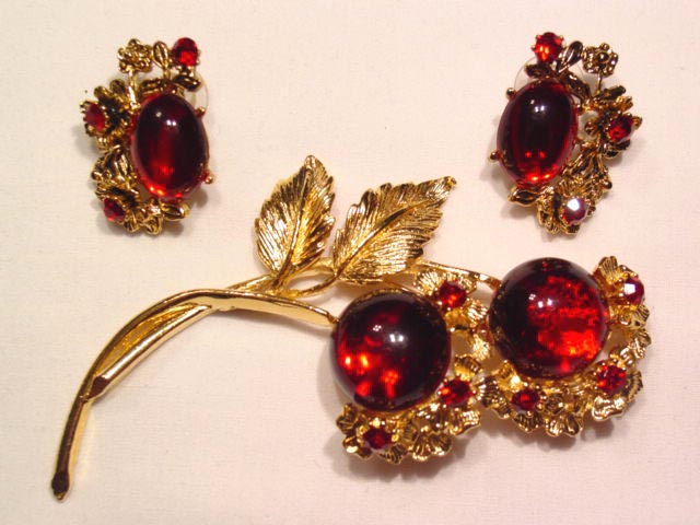 Large Red Floral Pin and Earrings Set