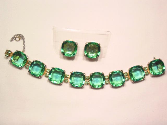 Large Green Rhinestone Bracelet and Earrings Set