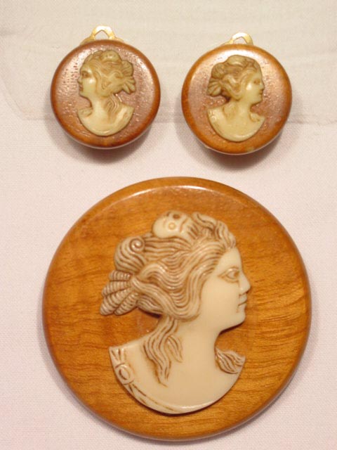 Wooden Cameo Pin and Earrings Set