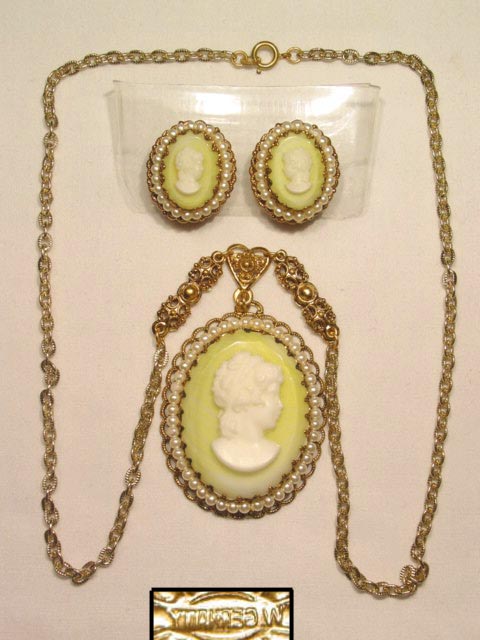 West German Key Lime Cameo Necklace and Earrings Set