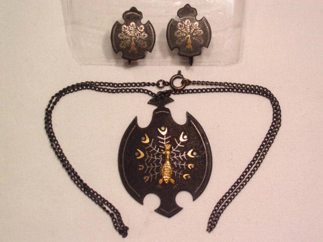 Damascene Peacock Necklace and Earrings Set