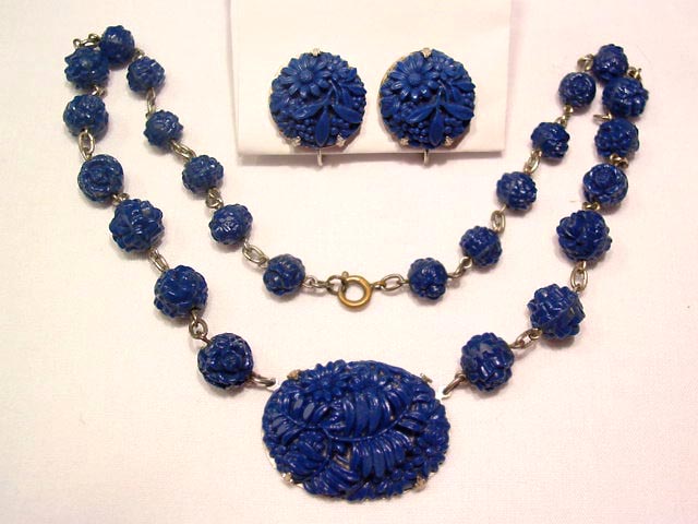 Carved Navy Blue Glass Necklace and Earrings Set