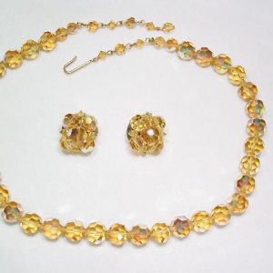 Honey Colored Aurora Borealis Necklace and Earrings Set