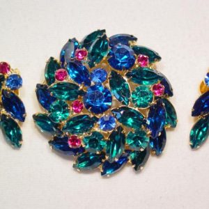 Vibrant Green, Blue and Magenta Pin and Earrings Set