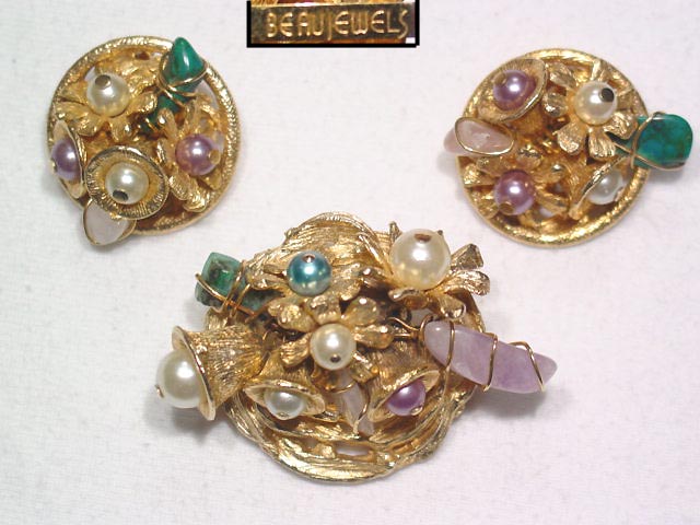 Beau Jewels Floral and Stone Pin and Earrings Set
