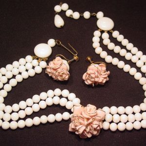 Porcelain Pink Roses Necklace and Earrings Set