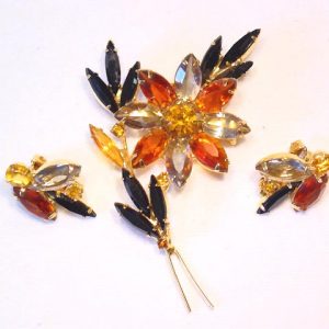 Beautiful Fall Floral Rhinestone Pin Earrings Set