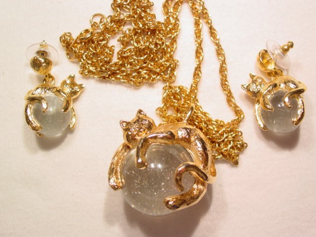 Crystal Ball Cat Necklace and Earrings