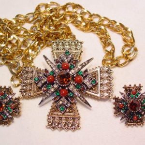 Art Maltese Cross Pin/Necklace and Earrings Set