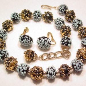 Blue, Black and Gold Glass Bead Necklace and Earrings Set