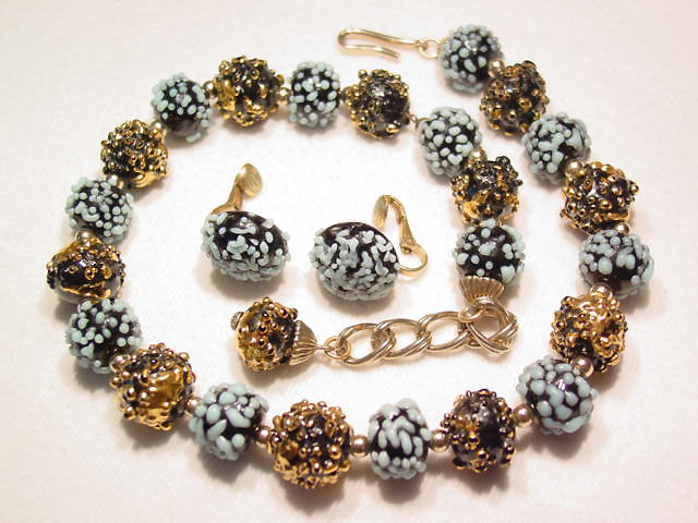 Blue, Black and Gold Glass Bead Necklace and Earrings Set