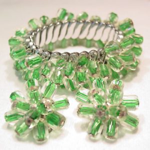 Striped Green and Clear Glass Bracelet and Earrings