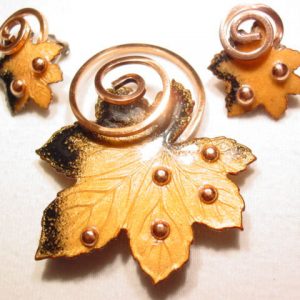 Beautiful Matisse Renoir Orange Maple Leaf Pin and Earrings Set