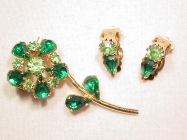 Green and Lime Flower Pin and Earrings Set