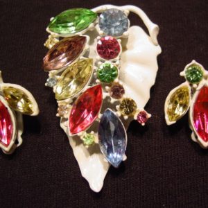 White Enamel Pastel Rhinestone Leaf Pin and Earrings Set