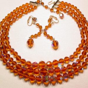 Three Strand Brown Aurora Borealis Necklace and Earrings Set