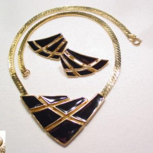 Trifari Black Enamel Necklace and Pierced Earrings Set