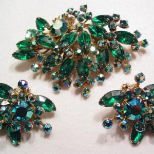 Green Aurora Borealis Pin and Earrings Set