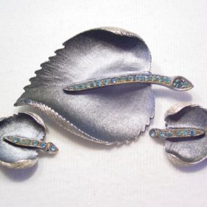Blue Rhinestone and Black Leaf Pin and Earrings Set