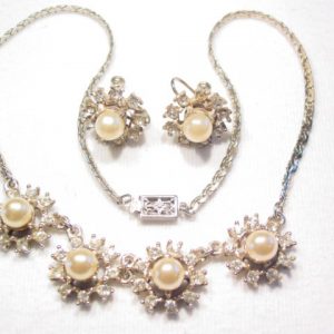 Old Silvertone Rhinestone and Pearl Necklace and Earrings Set