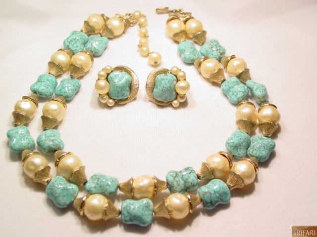 Trifari Imitation Pearls and Turquoise Necklace and Earrings Set