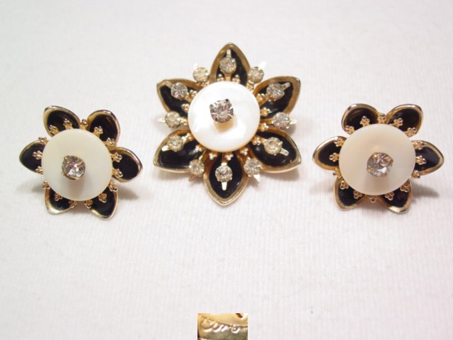 Coro Black Enamel Flower and Goldtone Pin and Earrings Set