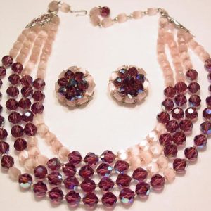 Fantastic Purple Aurora Borealis and Pink Satin Glass Necklace and Earrings Set