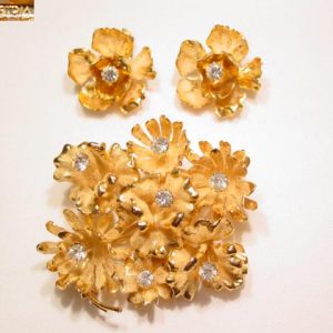 Austrian Goldtone and Rhinestone Cluster Flowers Pin and Earrings Set