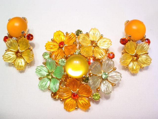 Orange, Yellow, and Green Spring Floral Pin and Earrings Set