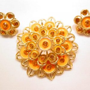 Bright Orange Enamel and Rhinestone Pin and Earrings