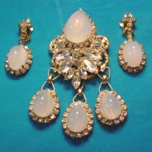 Rhinestone and Moonstone Chandelier Pin and Earrings