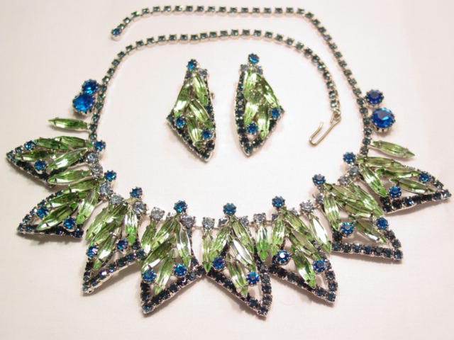 Gorgeous Lime and Bright Blue Rhinestone Necklace and Earrings Set