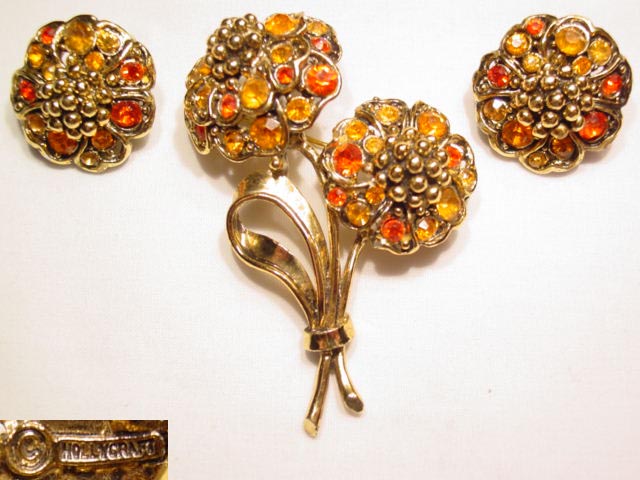 Orange Floral Hollycraft Pin and Earrings