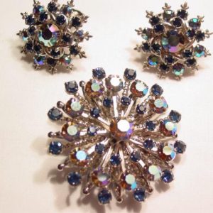 Brown Aurora Borealis and Navy Rhinestone Snowflake Pin and Earrings