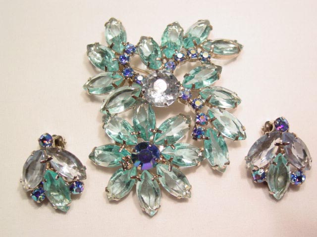 Vibrant Light Blue Rhinestone Floral Pin and Earrings Set