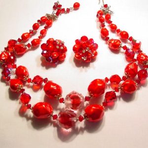 Vibrant Red and Aurora Borealis Necklace and Earrings Set