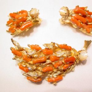 Coral and Mother of Pearl Branches Pin and Earrings