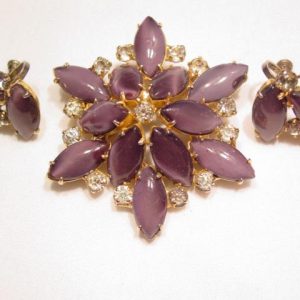 Sterling Purple Moonglow Rhinestone Pin and Earrings Set