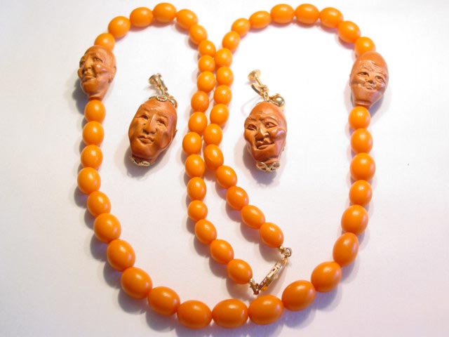 Unusual Oriental Carved Faces Necklace and Earrings Set