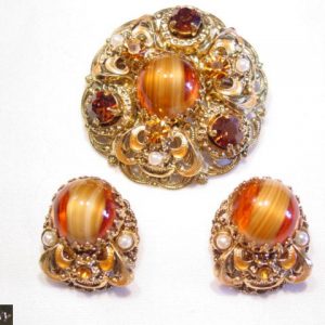 Wonderful Topaz-Colored West German Pin and Earrings Set