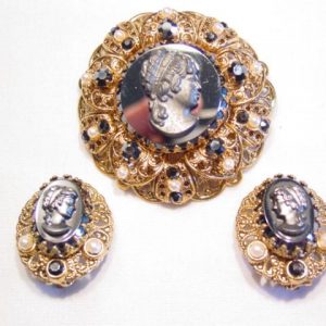 Wonderful Hematite-Colored Cameo West German Pin and Earrings Set