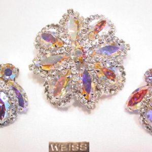 Aurora Borealis and Rhinestone Weiss Pin and Earrings Set