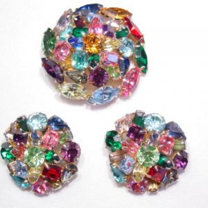 Chunky Multicolor Rhinestone Pin and Earrings Set