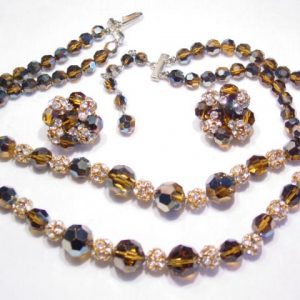 Brown Aurora Borealis and Rhinestone Ball Necklace and Earrings Set
