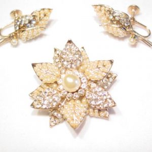 Dainty Pearl and Rhinestone Flower Pin and Earrings Set