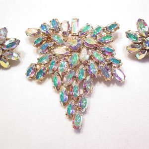 Wonderful Bright Aurora Borealis Maple Leaf Pin and Round Earrings Set