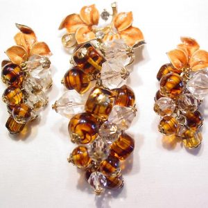 >Brown and Clear Glass and Plastic Grape Cluster Pin and Earrings Set