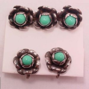 Mexican Silver Roses and Imitation Turquoise Pin and Earrings Set